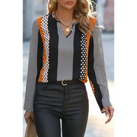 Orange Geo Print Colorblock Notched V Neck Blouse - L thumbnail