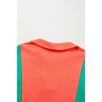 Grapefruit Orange Color Block Patchwork Collared V Neck Loose Top - L thumbnail