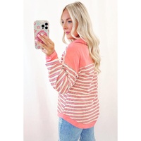 Pink Stripe Buttoned V Neck Collared Drop Shoulder Top - L thumbnail