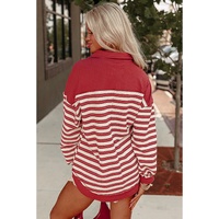 Red Stripe Buttoned V Neck Collared Drop Shoulder Top - L thumbnail