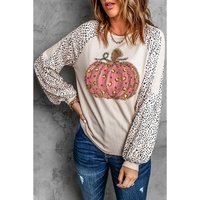 Khaki Thanksgiving Pumpkin Graphic Leopard Raglan Sleeve Top - L thumbnail