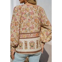 Yellow Floral Print Tie Neck Lantern Sleeve Blouse - L thumbnail