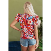 Brown Flower Print Self Tie Frilled Collar Puff Sleeve Blouse - L thumbnail