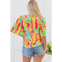 Multicolour Abstract Print Keyhole Back Pleated Half Sleeve Blouse - M thumbnail