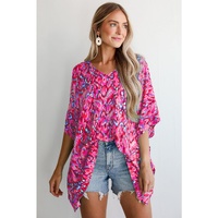 Pink Abstract Print V Neck Half Sleeve Loose Fit Tunic Blouse - L thumbnail