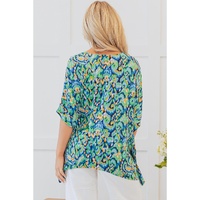 Green Abstract Print V Neck Half Sleeve Loose Fit Tunic Blouse - L thumbnail