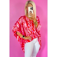 Red Abstract Print V Neck Batwing Sleeve Oversized Blouse - L thumbnail