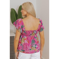 Purple Floral Print Sweetheart Neck Flutter Sleeve Blouse - L thumbnail
