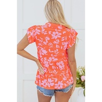 Orange Floral Print Collared Button Neckline Flutter Sleeve Blouse - L thumbnail