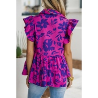 Rose Floral Print Collared Button Neckline Flutter Sleeve Blouse - L thumbnail