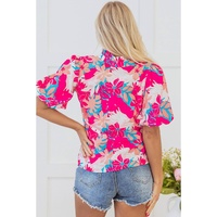 Rose Tropical Plant Printed V Neck Puff Sleeve Blouse - L thumbnail