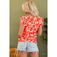 Orange Floral Ruffle Sleeve Print Top - L thumbnail