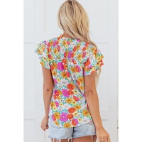 Yellow Floral Print Shirred Tiered Ruffled Sleeve Blouse - L thumbnail