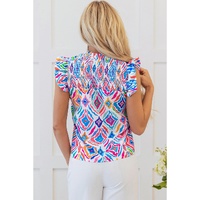 Light Blue Geometric Printed Flutter Sleeve Mock Neck Shirred Blouse - L thumbnail