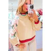 Beige Bowknot Printed Patchwork Raglan Sleeve Colorblock Edge Top - S thumbnail