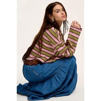 Spinach Green Clashing Stripes Waffle Texture Notched Neck Long Sleeve Top - L thumbnail