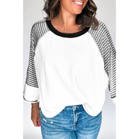 Black Striped Bracelet Sleeve Raglan Patchwork Top - L thumbnail