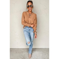 Straw Yellow Solid Color Shirred Cuff Notch V Neck Blouse - L thumbnail