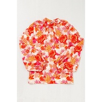 Orange Floral Print Pearl Button Keyhole Long Puff Sleeve Blouse - L thumbnail