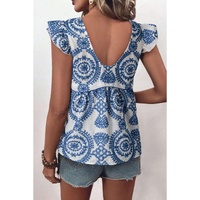 Blue Boho Print Flutter Sleeve Crew Neck Blouse - L thumbnail