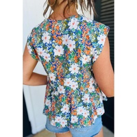 Green Floral Print Bow Applique Slit Sleeveless Peplum Blouse - M thumbnail