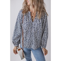 Blue Floral Print Notched V Neck Puff Sleeve Blouse - L thumbnail