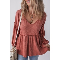 Mineral Red Solid Color Textured Frilled Trim V Neck Puff Sleeve Blouse - M thumbnail