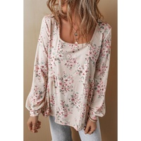 Pink Floral Print Pleated U Neck Loose Fit Blouse - L thumbnail