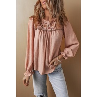 Gossamer Pink Floral Embroidered Textured Flounce Sleeve Elegant Blouse - L thumbnail