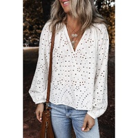 White Eyelet Embroidered Puff Sleeve V Neck Blouse - S thumbnail