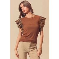 Cinnamon Leather Ruffle Sleeve Patchwork Round Neck Blouse - L thumbnail