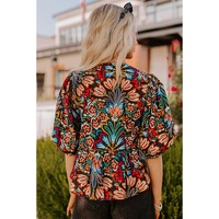 Black Tropical Print Bubble Sleeve Knot Front Blouse - XL thumbnail