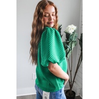 Sea Green Solid Textured O Neck Puff Sleeve Blouse - L thumbnail