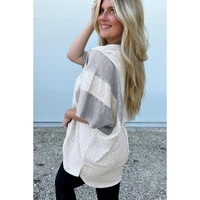 Light Grey Two Tone Contrast Waffle Knit Patched Buttoned V Neck Top - L thumbnail