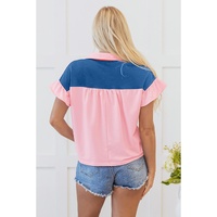 Gossamer Pink Color Block Half Buttoned Ruffled Short Sleeve T Shirt - L thumbnail