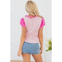 Pink Stripe Ruffled V Neck Cap Puff Sleeve Top - L thumbnail