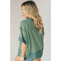Smoke Green Half Sleeve Raw Seam High Low Side Split Top - L thumbnail