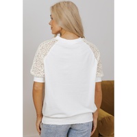 White Lace Crochet Short Sleeve Round Neck T Shirt - M thumbnail
