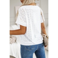 White Eyelet Pattern Boat Neck Casual Tee - L thumbnail