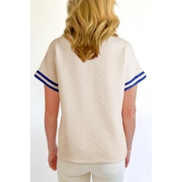 Beige Preppy Striped Trim Textured Quarter Zipper Colorblock Short Sleeve Top - L thumbnail