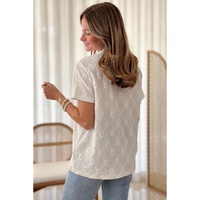 White Geometric Embroidered Slim Fit O Neck T Shirt - L thumbnail
