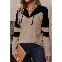Parchment Textured Colorblock Long Sleeve Quarter Zip Drawstring Hooded Top - S thumbnail