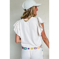 White Floral Crochet Patched Ruffled Sleeve Crewneck Blouse - L thumbnail