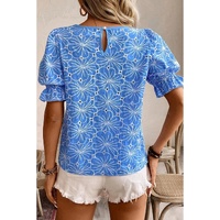 Sky Blue Eyelet Flower Embroidery Frilled Short Puff Sleeve Blouse - L thumbnail