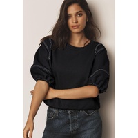 Black Contrast Stitches Detail Puffy Half Sleeve Blouse - L thumbnail