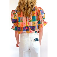 Multicolour Floral Checker Print Ruffled Short Puff Sleeve Blouse - S thumbnail