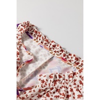 Orange Mixed Floral Printed Long Sleeve Tied V Neck Blouse - L thumbnail
