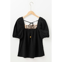 Black Flower Crochet Square Neck Textured Short Sleeve Blouse - S thumbnail