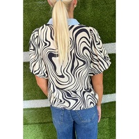 White Zebra Stripe Print Contrast V-Neck Ricrac Detail Short Sleeve Blouse Top - XL thumbnail
