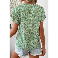 Green Boho Floral V Neck Wrap Short Sleeve Blouse - L thumbnail